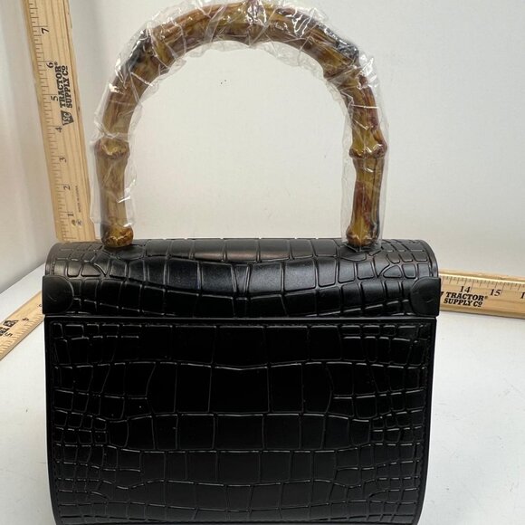 Vintage Style Black Croc Embossed Handbag Bamboo Handle Gold Clasp Purse Bag - Picture 3 of 7